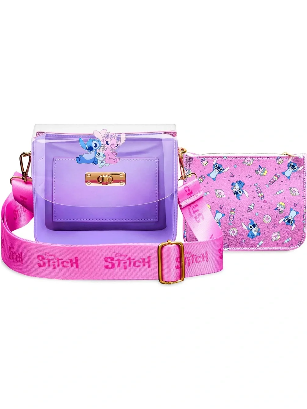 Stitch Clear Pink Crossbody Bag with Wide Strap